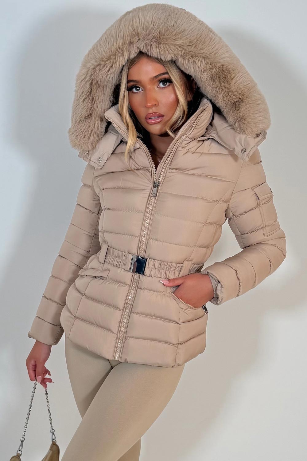 Puffer Padded Winter Jacket With Faux Fur Hood Beige