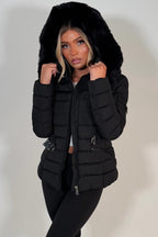 Black Puffer Padded Winter Jacket With Faux Fur Hood
