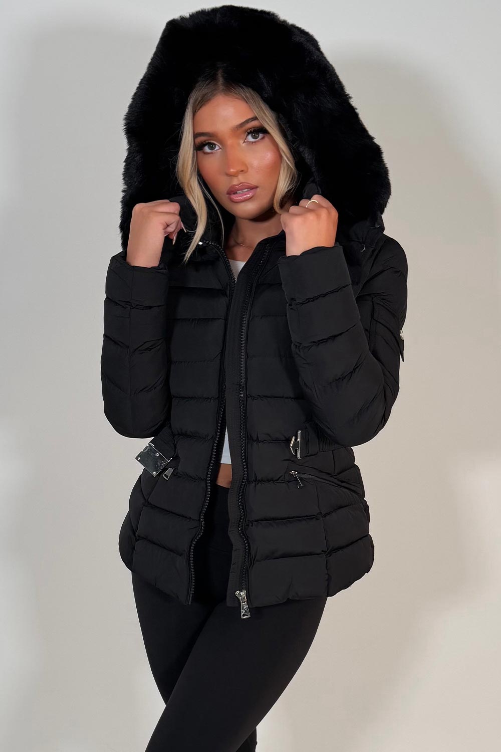 Black Puffer Padded Winter Jacket With Faux Fur Hood