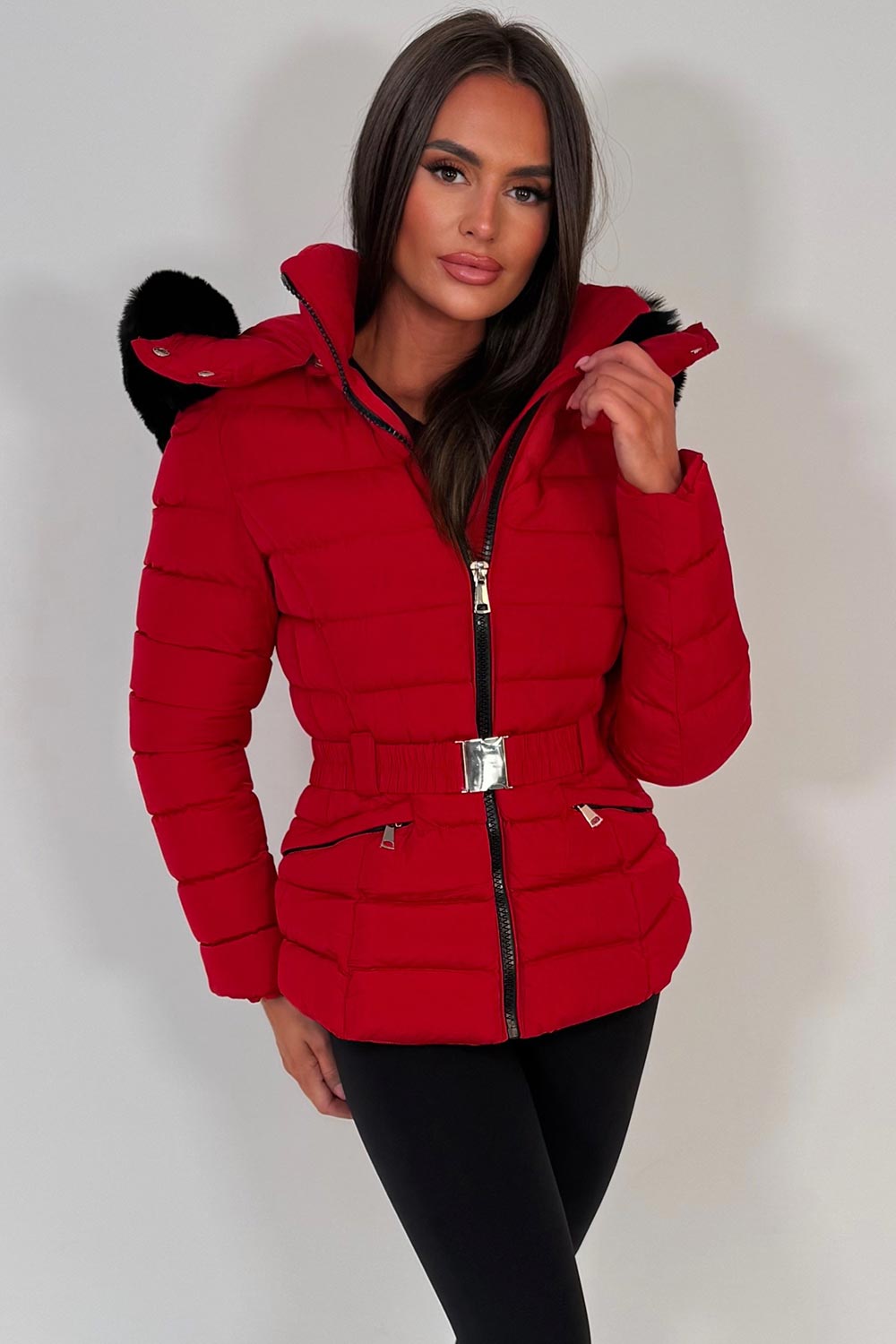 Puffer Padded Winter Jacket With Faux Fur Hood Red