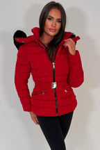 Puffer Padded Winter Jacket With Faux Fur Hood Red