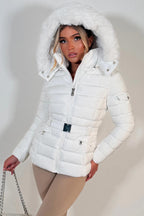 Puffer Padded Winter Jacket With Faux Fur Hood White