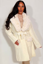 Faux fur Collar Belted Coat With Faux Fur Cuff Off White