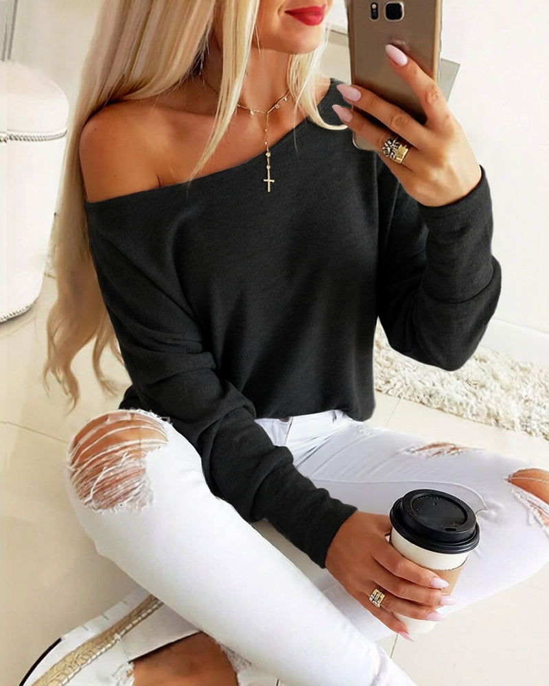 Women's Convertible Shoulder Batwing Sleeve Top Long Sleeve Loose Fit Casual Knit Tee