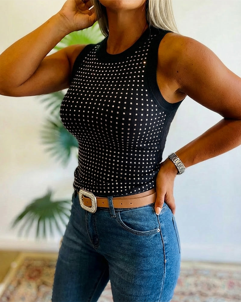 Rhinestone Decor O-neck Sleeveless Tee Slim Fit Ribbed Tank Top