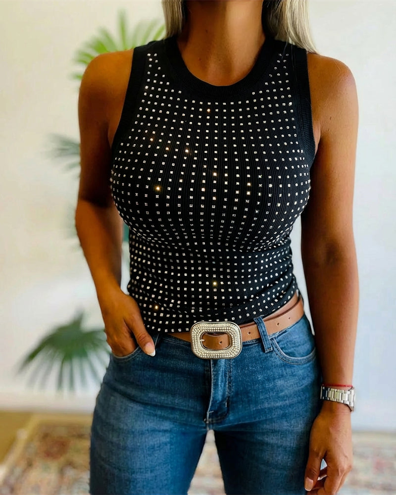 Rhinestone Decor O-neck Sleeveless Tee Slim Fit Ribbed Tank Top
