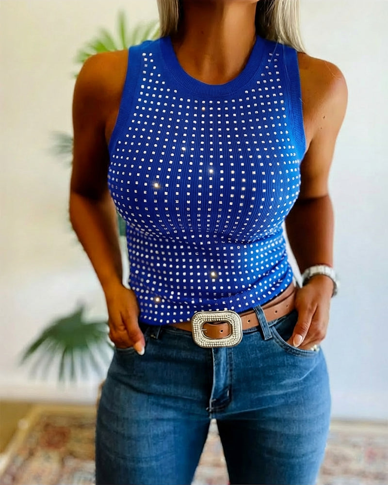 Rhinestone Decor O-neck Sleeveless Tee Slim Fit Ribbed Tank Top