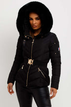 Puffer Jacket With Fur Hood And Belt Black