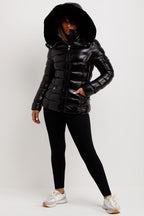 Black Shiny Puffer Jacket With Fur Hood