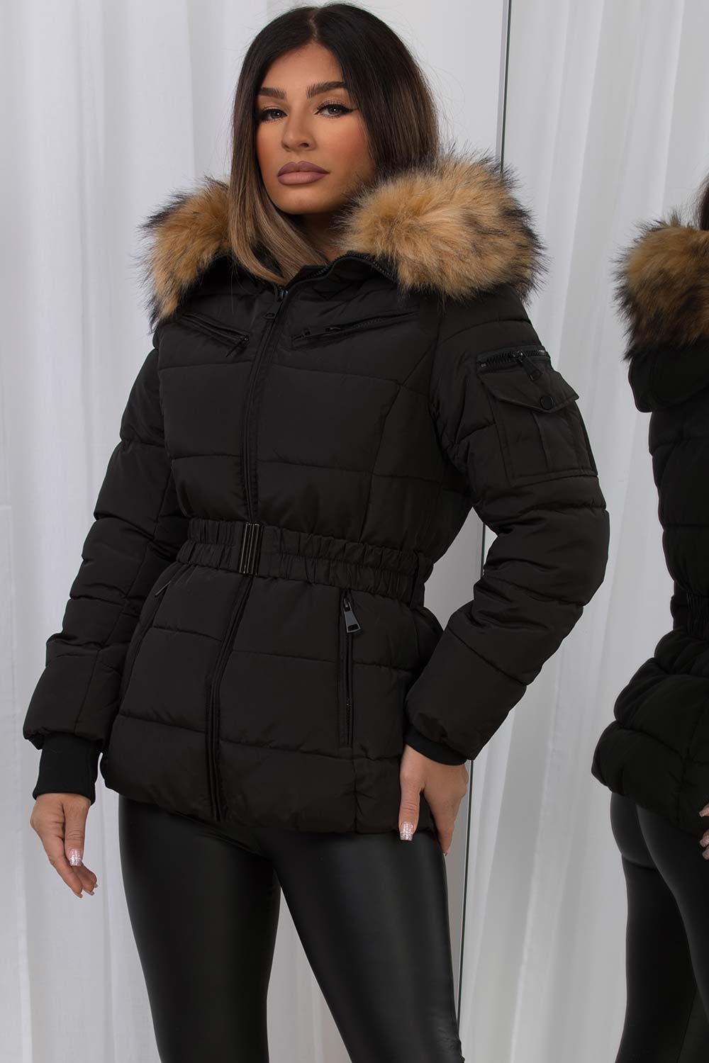 Faux Fur Hood Puffer Jacket With Belt Black