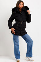 Black Puffer Coat With Faux Fur Hood And Belt