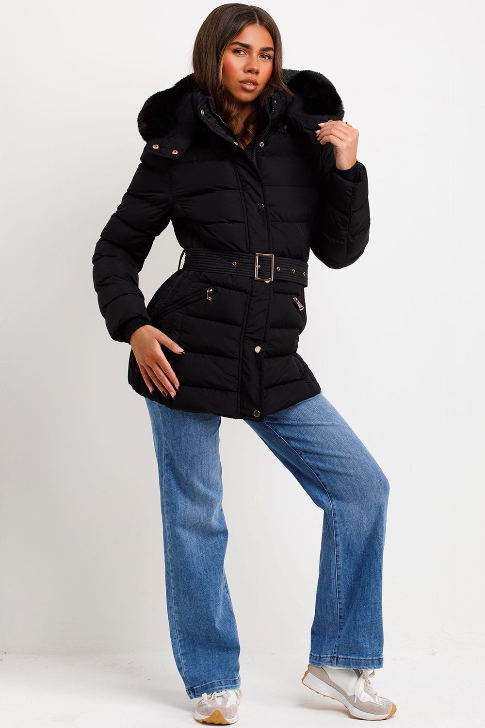 Black Puffer Coat With Faux Fur Hood And Belt