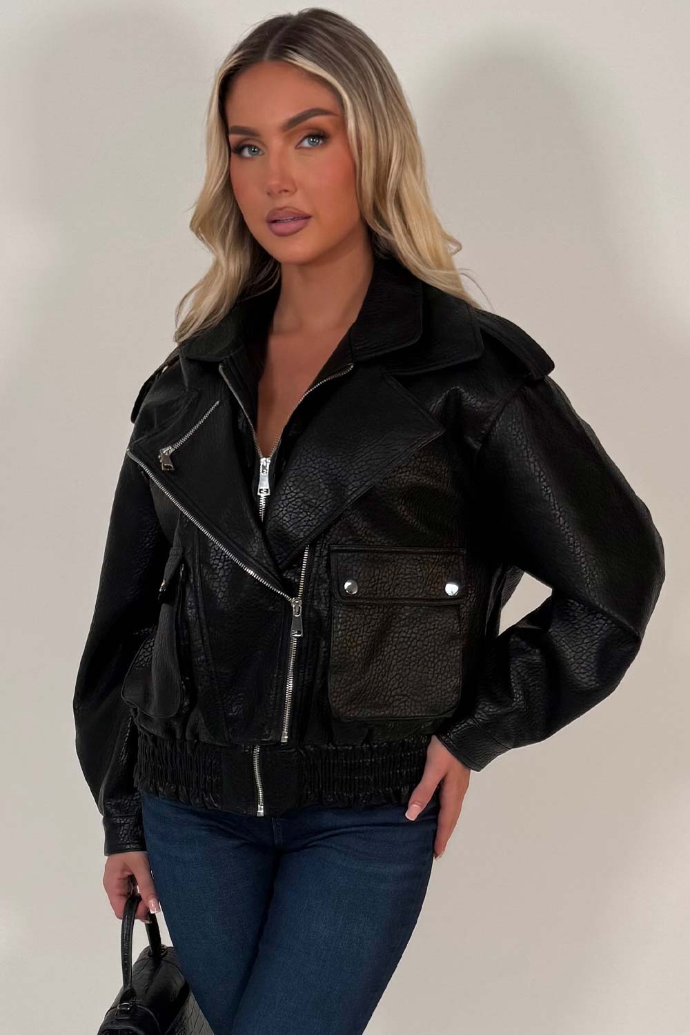 Black Faux Leather Bomber Jacket With Double Collar