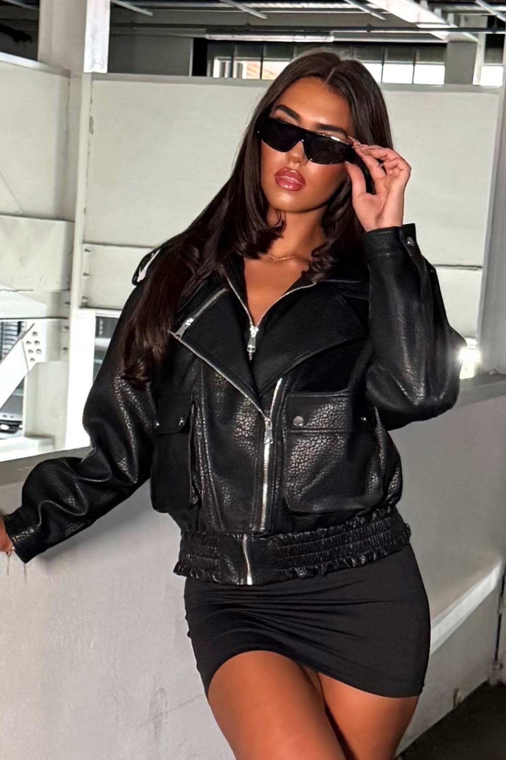 Black Faux Leather Bomber Jacket With Double Collar