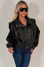 Black Faux Leather Funnel Neck Bomber Jacket
