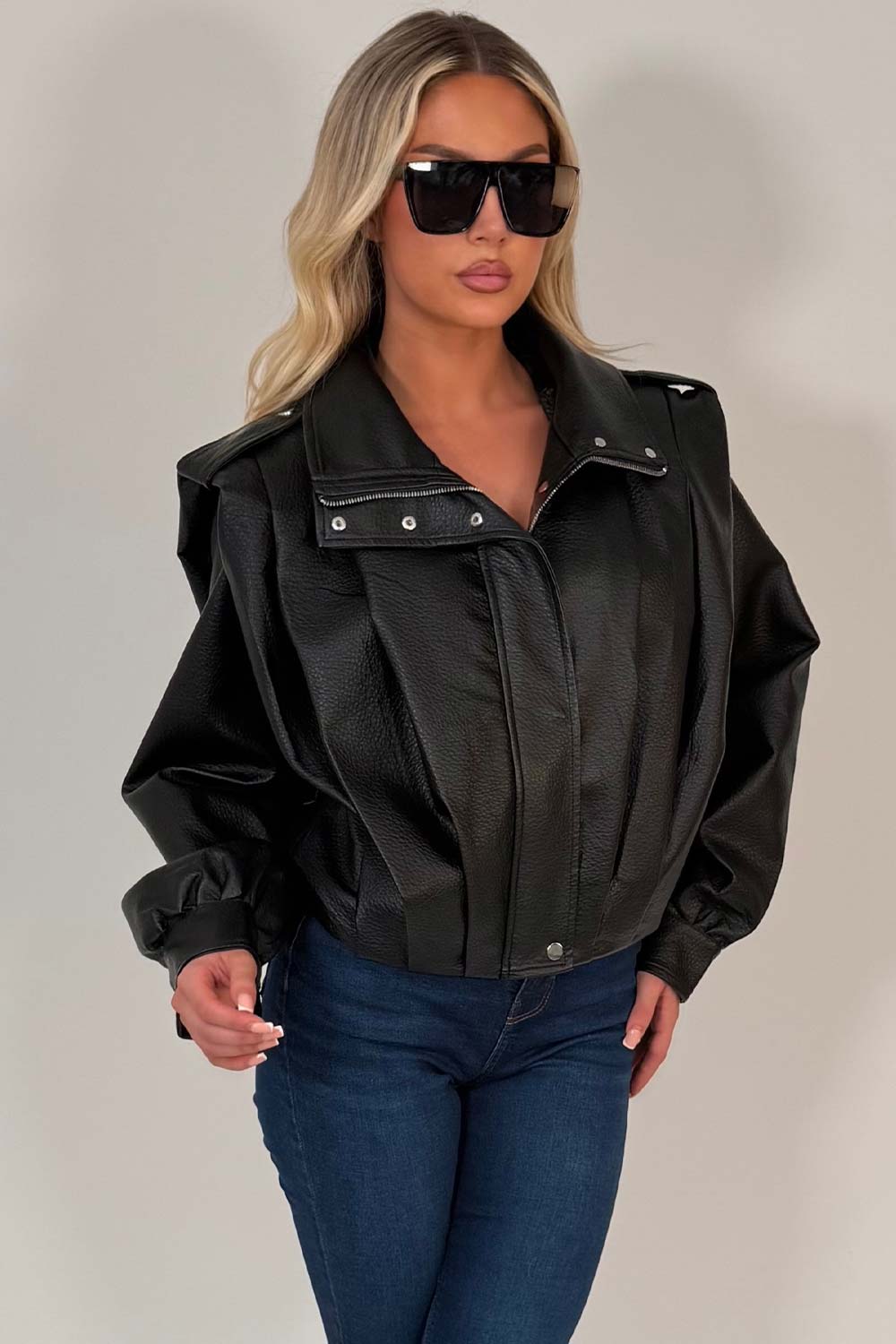 Black Faux Leather Funnel Neck Bomber Jacket