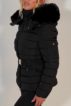 Black Puffer Padded Winter Jacket With Faux Fur Hood