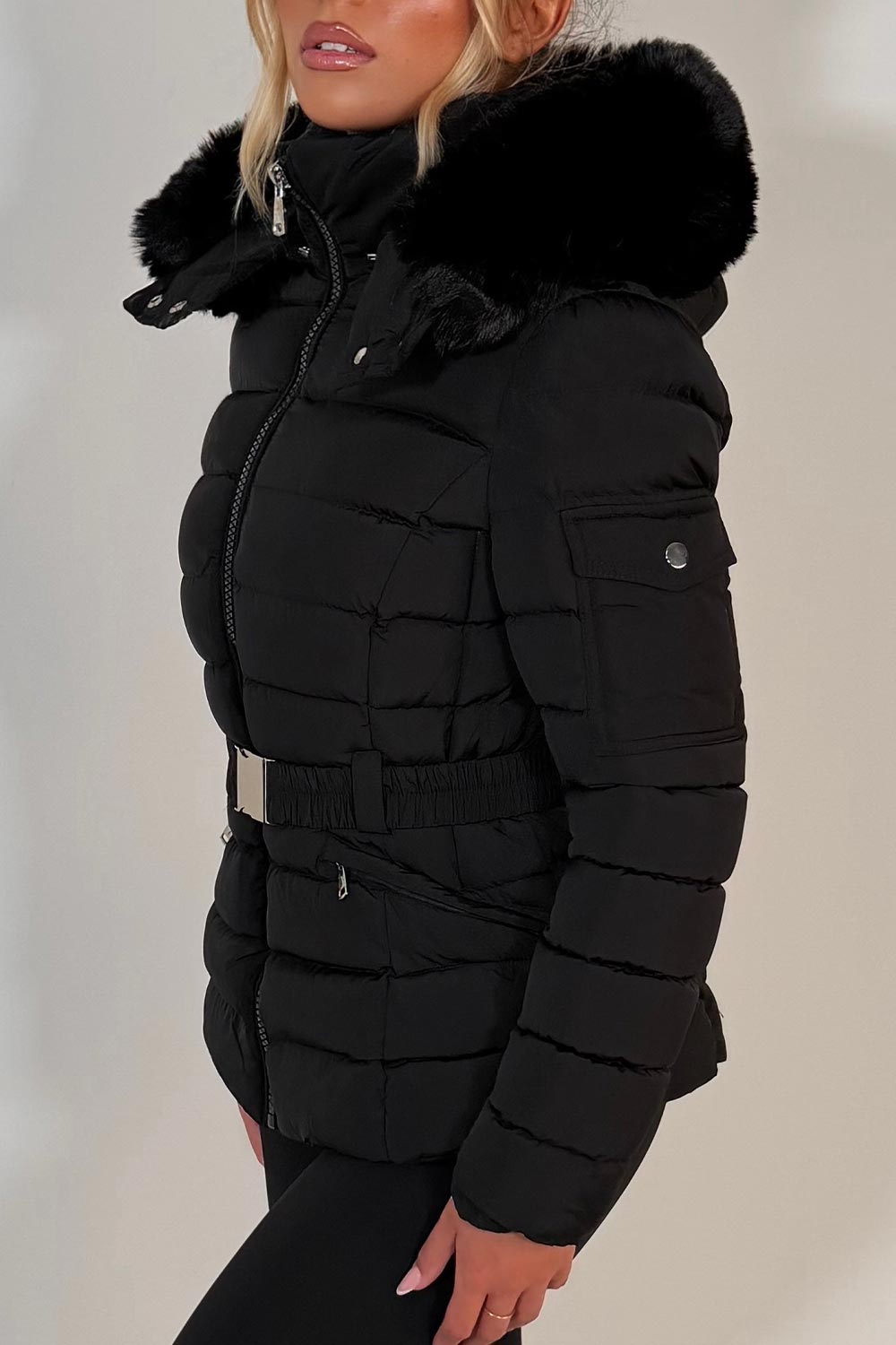 Black Puffer Padded Winter Jacket With Faux Fur Hood