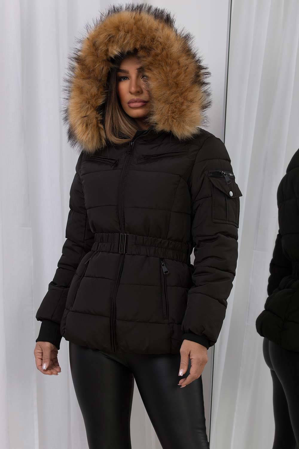 Faux Fur Hood Puffer Jacket With Belt Black