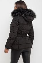 Faux Fur Hooded Jacket With Belt