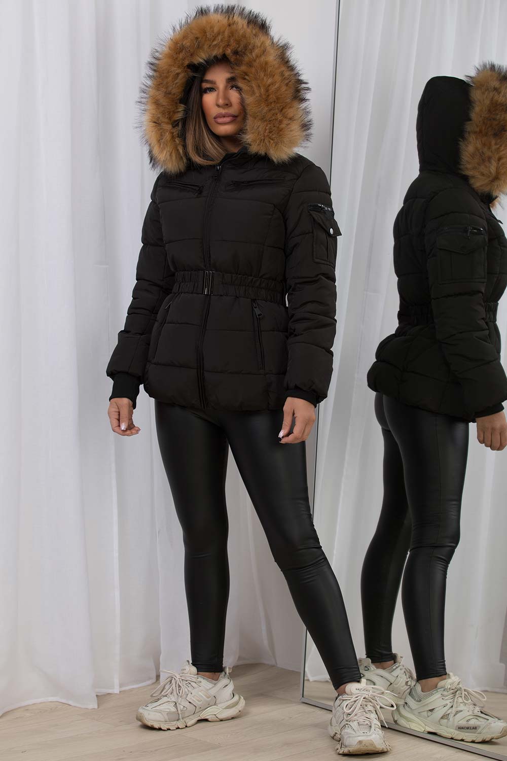 Faux Fur Hood Puffer Jacket With Belt Black
