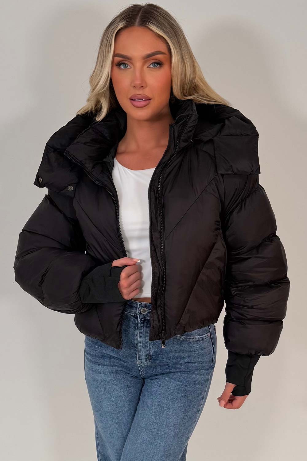 Black Puffer Padded Jacket With Hood