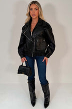 Black Faux Leather Bomber Jacket With Double Collar