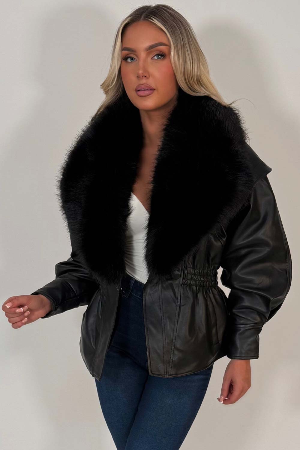Black Fur Collar Faux Leather Jacket With Cinched Waist