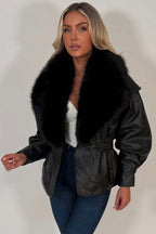 Black Fur Collar Faux Leather Jacket With Cinched Waist