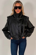 Black Faux Leather Funnel Neck Bomber Jacket