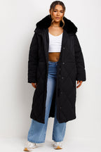 Long Puffer Quilted Coat With Fur Collar Black