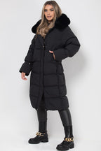 Long Puffer Down Coat With Faux Fur Hood Black