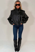 Black Faux Leather Funnel Neck Bomber Jacket