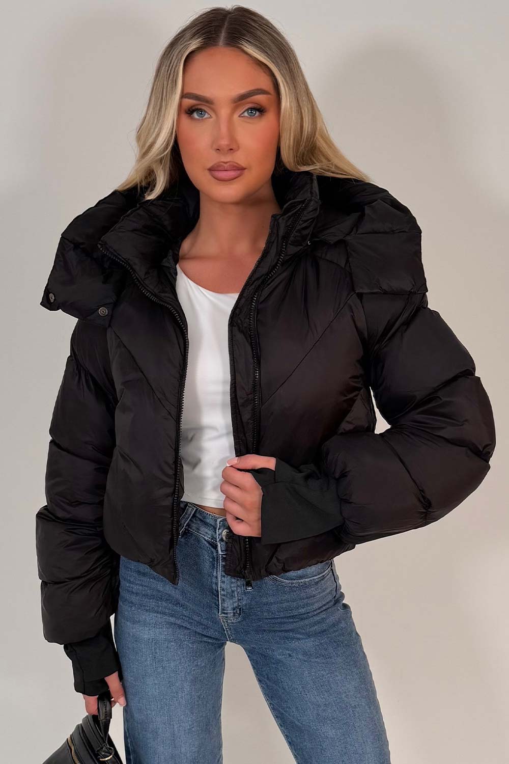 Black Puffer Padded Jacket With Hood
