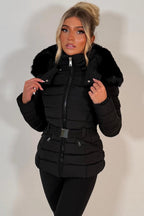 Black Puffer Padded Winter Jacket With Faux Fur Hood