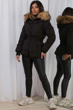 Faux Fur Hood Puffer Jacket With Belt Black