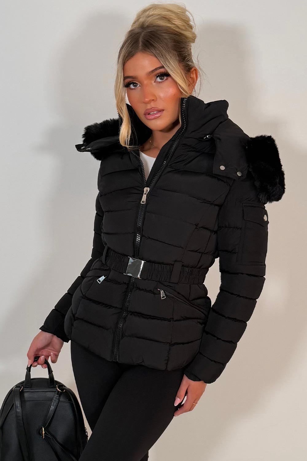 Black Puffer Padded Winter Jacket With Faux Fur Hood