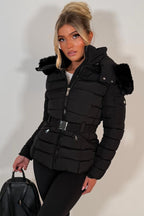 Black Puffer Padded Winter Jacket With Faux Fur Hood