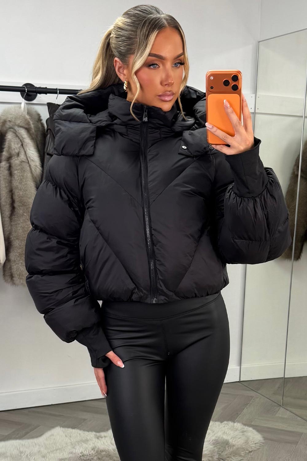 Black Puffer Padded Jacket With Hood