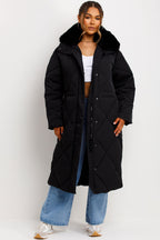 Long Puffer Quilted Coat With Fur Collar Black