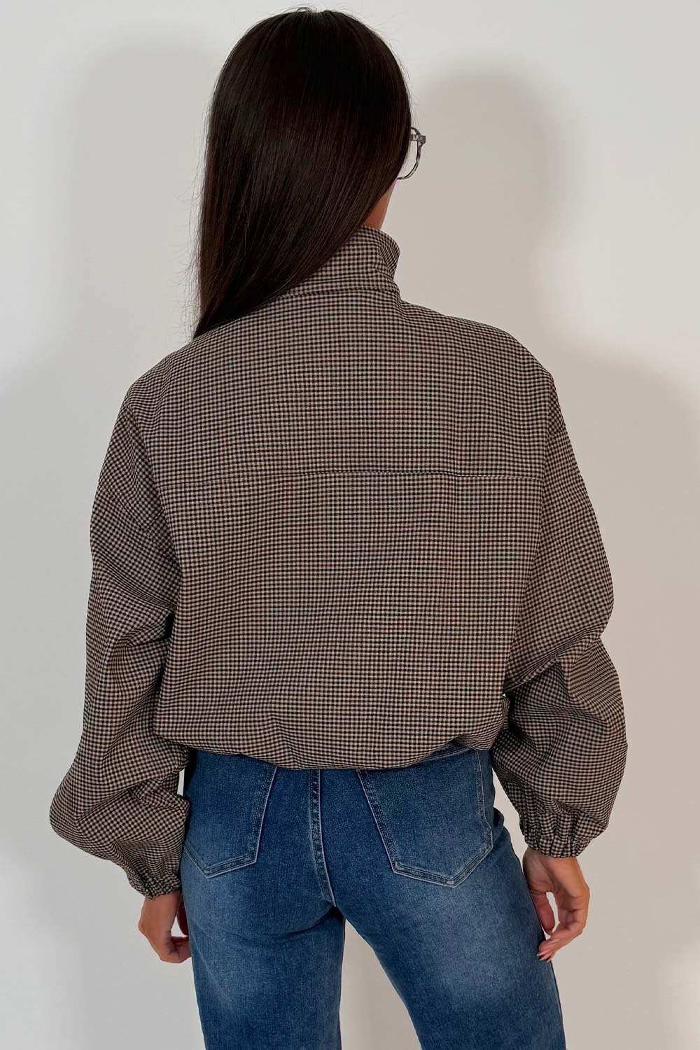 Checkered Bomber jacket With Collar Beige