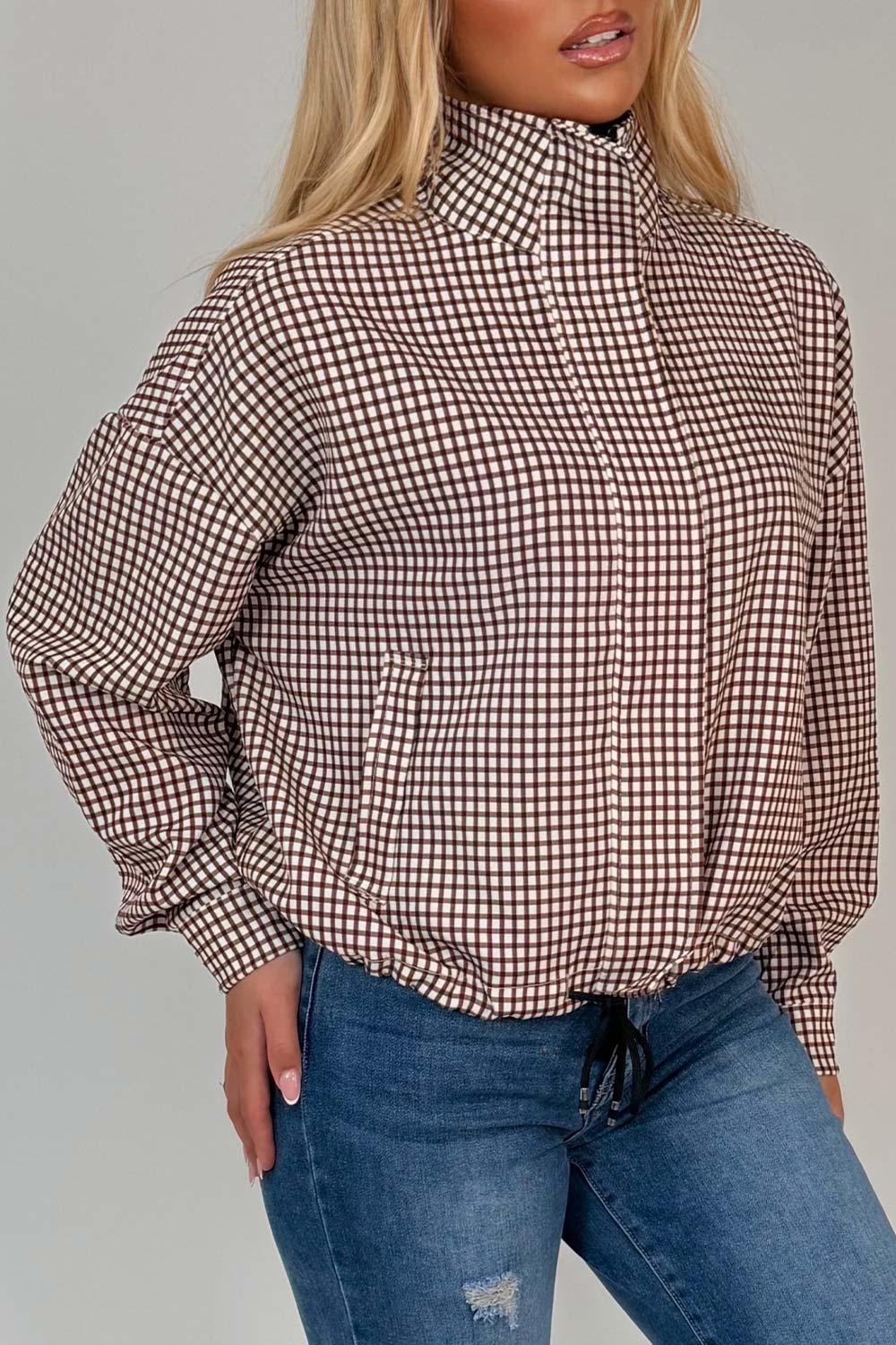 Brown Checked Jacket With Drawstring Hem