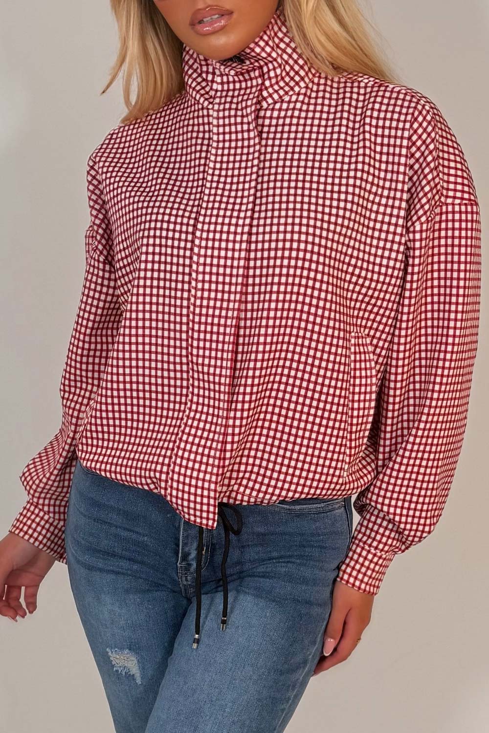 Red Checked Jacket With Drawstring Hem