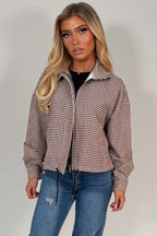 Brown Checked Jacket With Drawstring Hem