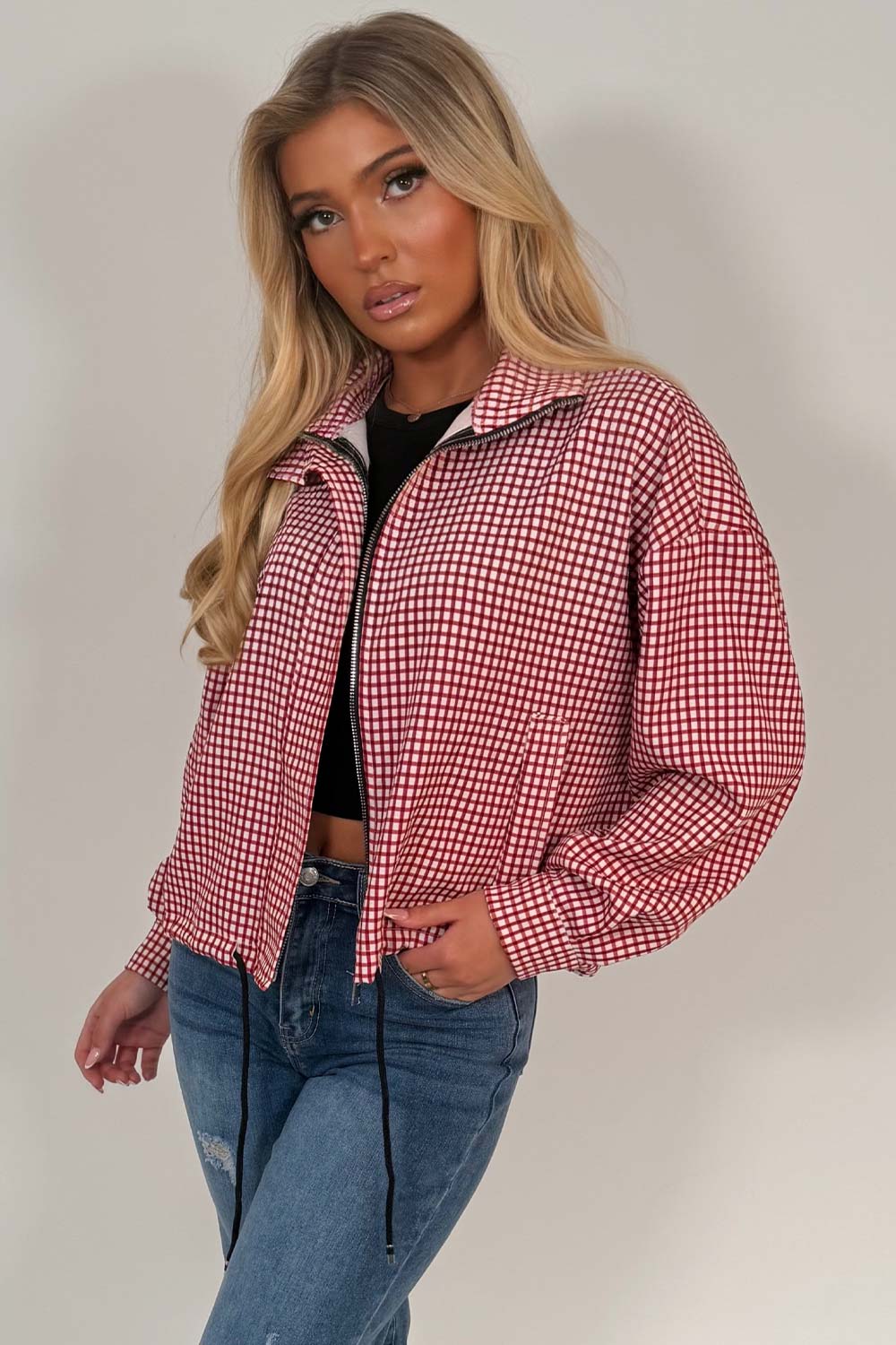 Red Checked Jacket With Drawstring Hem