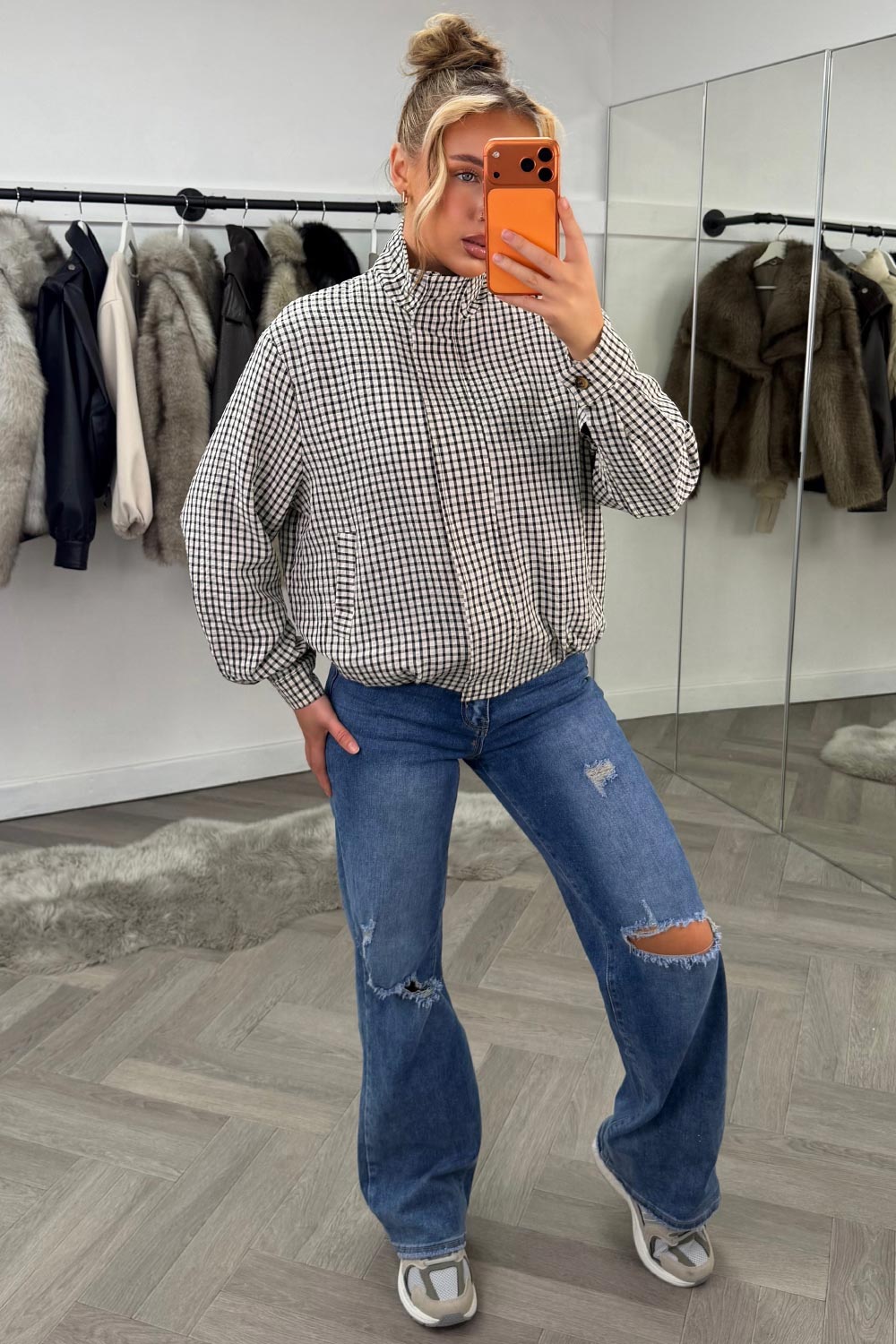 Oversized Check Print Jacket Long Sleeves