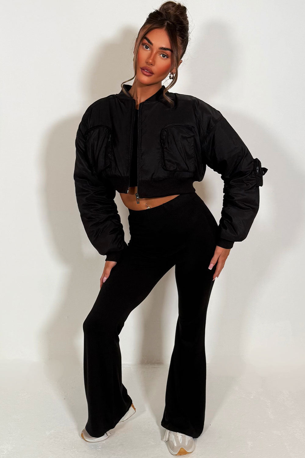 Crop Bomber Jacket With Pockets Black