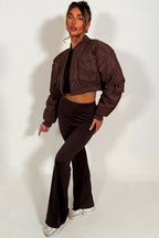 Crop Bomber Jacket With Pockets Brown