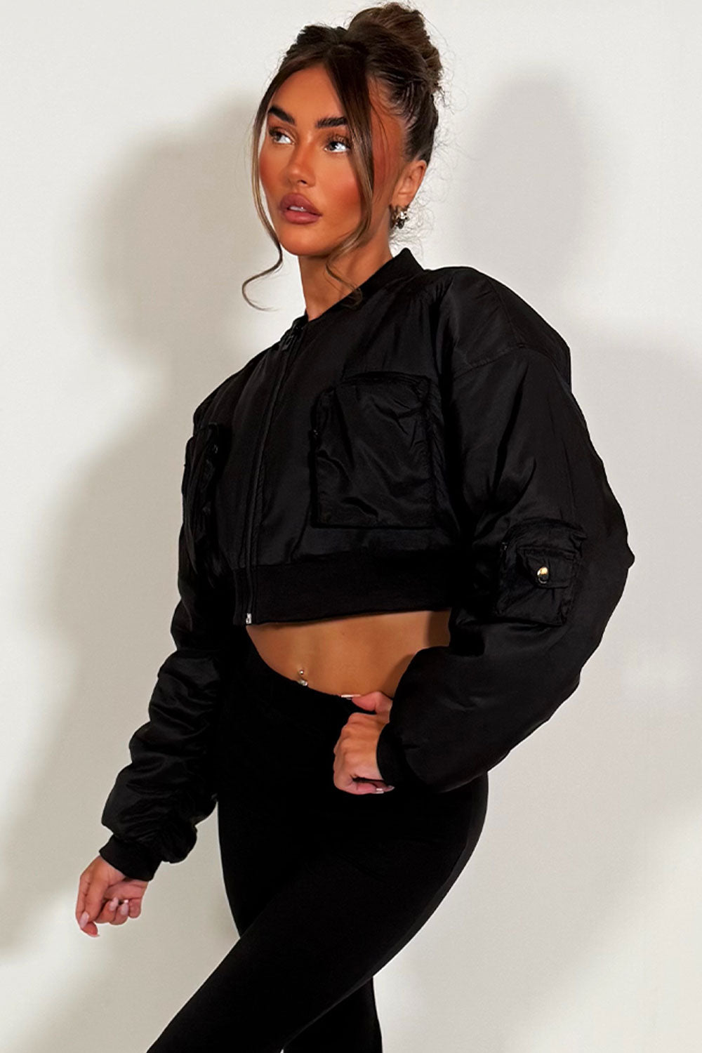 Crop Bomber Jacket With Pockets Black