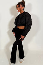 Crop Bomber Jacket With Pockets Black